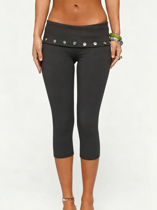 Fold Over Low Rise Button Decor Capri Pants