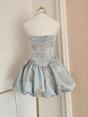 Floral Embroidery Strapless Puff Hem Mini Dress