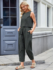 Printed Plaid Sleeveless Vest And Wide Pants Set