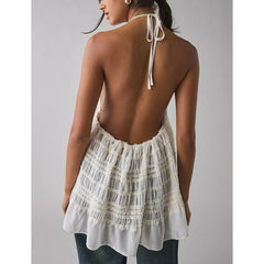 Lace-up Halter Deep V-Neck Smocked Top