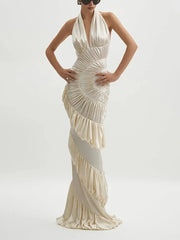 Beige Halter Folds Ruffles Long Dress
