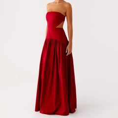 Red Waist Cutout Metal Buckle Tube Long Dress