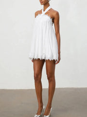White Halter Strap A-line Mesh Mini Dress