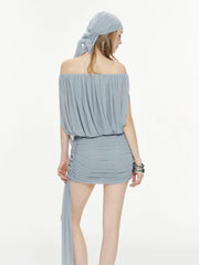 Slash Neck Fold Draped Mini Dress