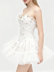 Strapless Mesh Patchwork 3D Flower Mini Dress