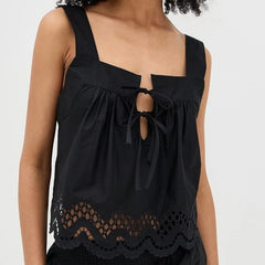 Black Square Neck Lace Embroidery Hem Top