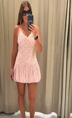 Pink Patchwork Pattern Lace Spaghetti Strap Mini Dress