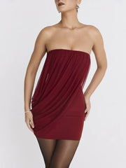 Burgundy Strapless Draped Mini Dress