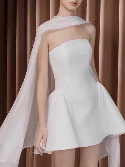 White Strapless Cape Mesh A-Line Folds Mini Dress