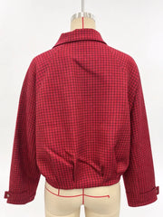 Red Zipper-up Plaid Stand Collar Jacket