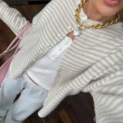 Striped  Crew Neck Open Front Button Down Cardigan