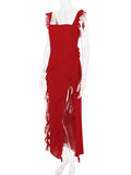 Red Ruffle Split Maxi Dress