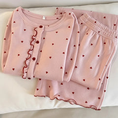 Pink Buttoned Heart-Shaped Printed Pajama Long Sleeved Set