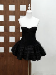 Strapless Lace-up Puffy Ruffles Patchwork Mini Dress
