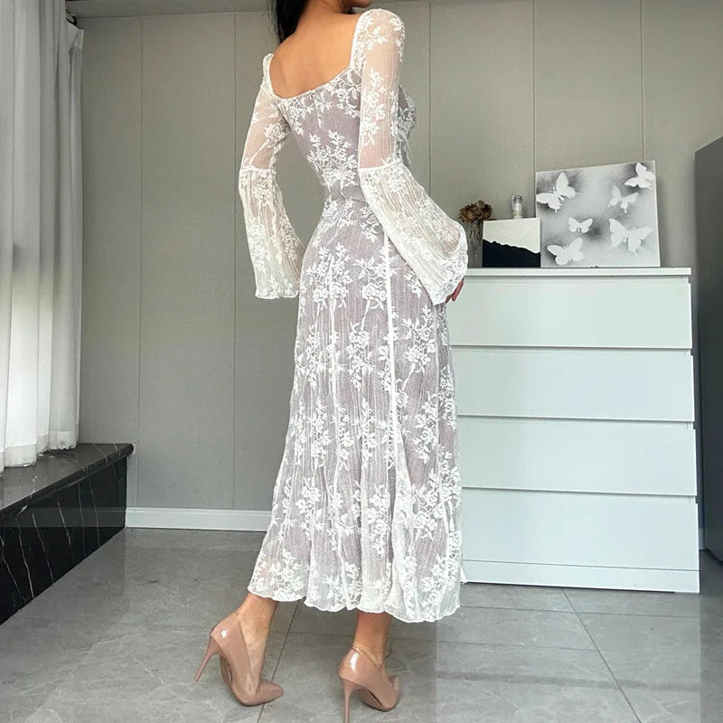 White Lace Long Sleeve Midi Dress