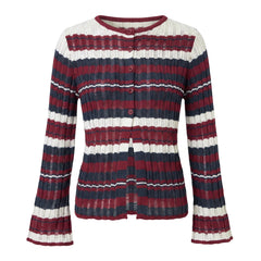 Striped Ribbed Distressed Long Flare Sleeve Button Top
