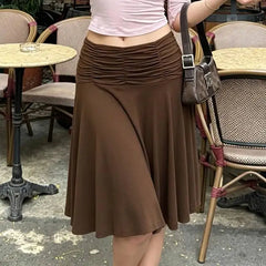 Brown Pleated Waist Midi Skirt
