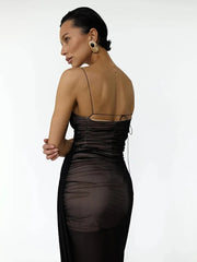 Black Mesh Spaghetti Strap Ruched Draped Maxi Dress
