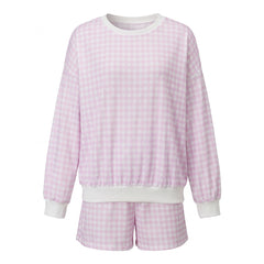 Gingham Long Sleeve Crew Neck Sweatshirt And Drawstring Shorts Set