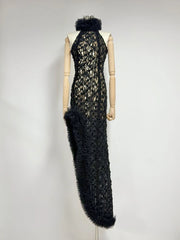 Lace Halter Neck Fur Trim Patchwork Side Split Midi Dress