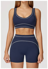 Navy blue sports bra and shorts set - front view