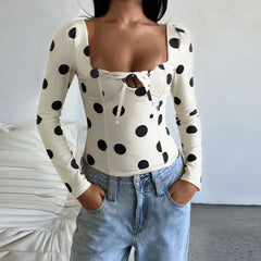 White Polka Dot Tie-up Front Long Sleeve Top