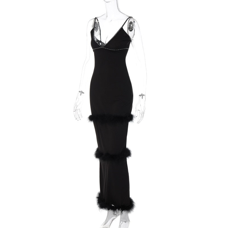 Black Rhinestone Trim V-neck Feather Maxi Dress