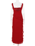Red Ruffle Split Maxi Dress