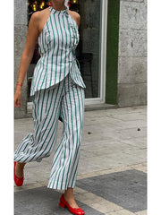Stripe Lace Up Vest Top And Trouser Set
