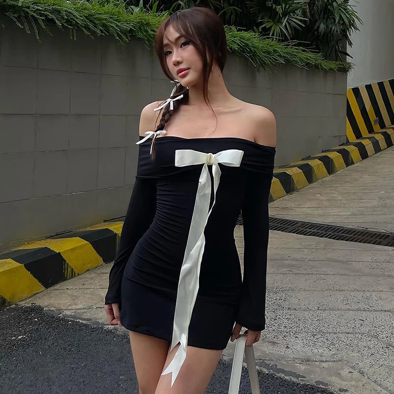 Black Off-Shoulder Long Sleeve Bow Mini Dress