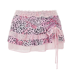 Printed Lace Trim Low Rise Tiered Miro Mini Skirt
