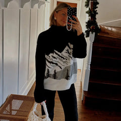 High-Necked Knitted Mountain Print Sweater