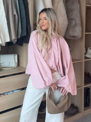 Short Pink Balloon Sleeve Bomber Pleated Zipper Jacket