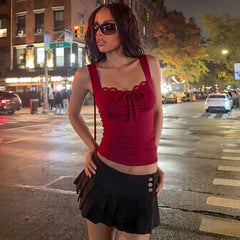 Lace-up Bow Lace Trim Tank Top