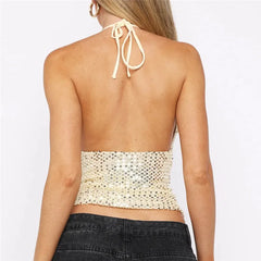 Sequin Halter 3D Flower Cut Out Crop Top