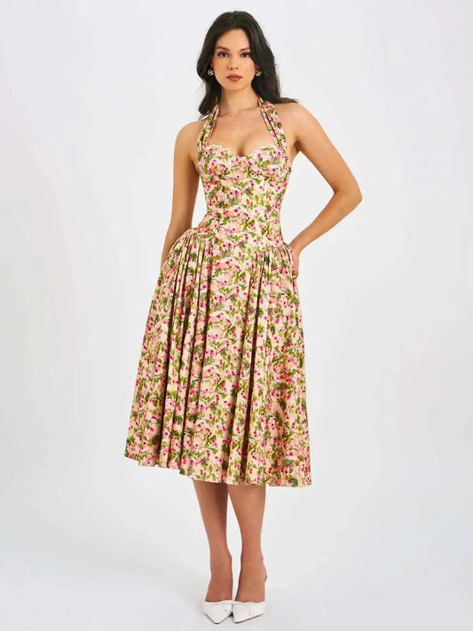 Floral Printed Neck Mounted A-line Midi Dress