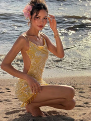 Yellow Sequin Beaded Tassel Open Back Strappy Mini Dress