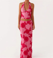 Floral Embroidered Maxi Skirt And Halter Crop Top Set