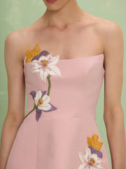 Pink Strapless Floral Embroidered Mini Dress