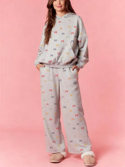 Grey Bow Print Sweatshirt And Wide Leg Sweatpants Set