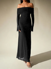 Off-Shoulder Flared Long Sleeve Sequined Maxi Dress
