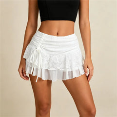 Floral Lace Ruffle Side Drawstring Mini Skirt
