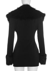 Black Faux Fur Collar Long Sleeve Mini Dress