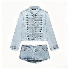Denim Embroidered Button Jacket And Micro Shorts Set