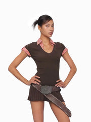 Short Sleeve Gingham Patchwork Knit Mini Dress