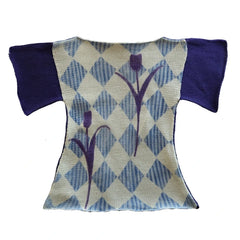 Textile product with blue and white checkered pattern and purple floral design 
