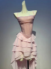 Pink Diamond Lace Up Corset Ruffle Tiered Midi Dress