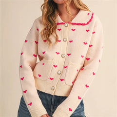 Heart Print Doll Collared Knitted Cardigan