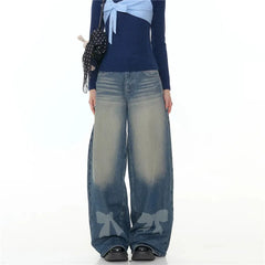 Bow Print Mid Rise Wide Leg Denim Pants