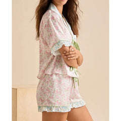 Floral Print Short Sleeve Tie Front Top with Ruffle Shorts Pajama Set